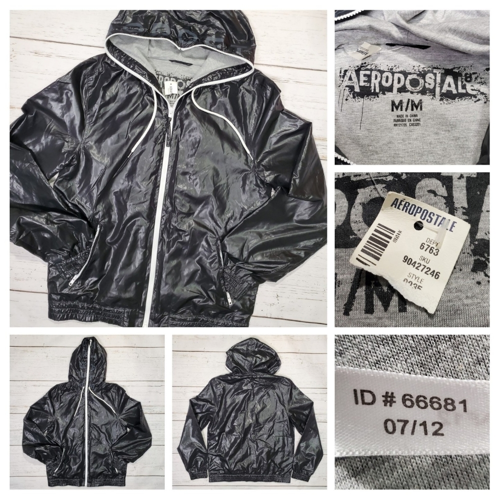 NOS Aeropostale Jacket Medium Men's Black Full Zip Spell Out Hood NWT 2012.